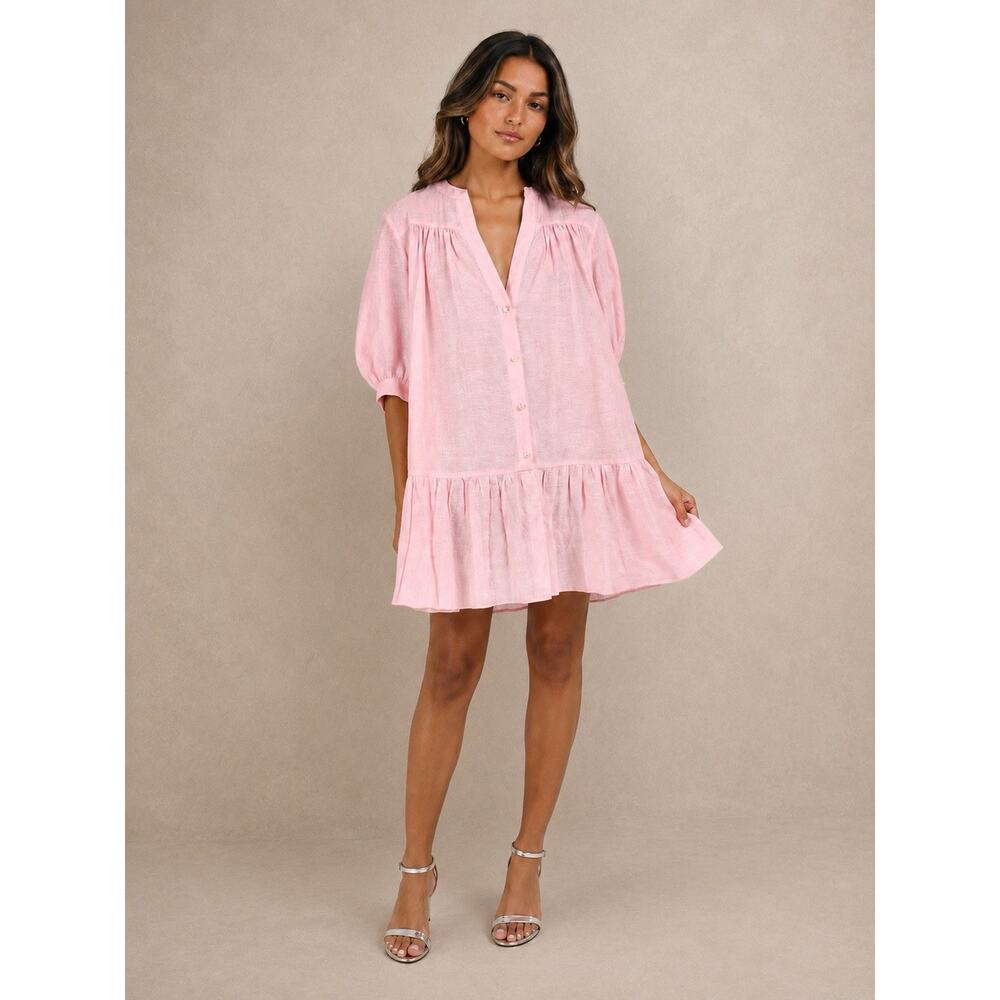 Sandro Paris Pink Linen Blend Babydoll Tunic Dress Boho Romantic Size 40/M